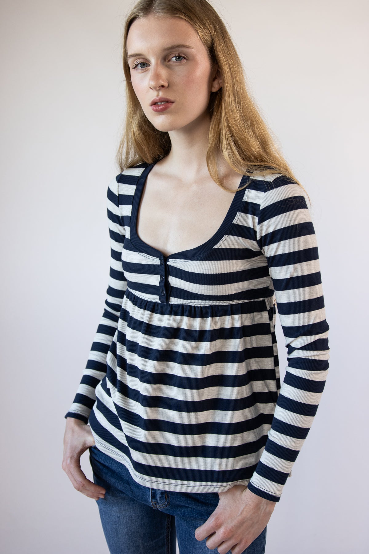 Striped Long Sleeve Babydoll Henley
