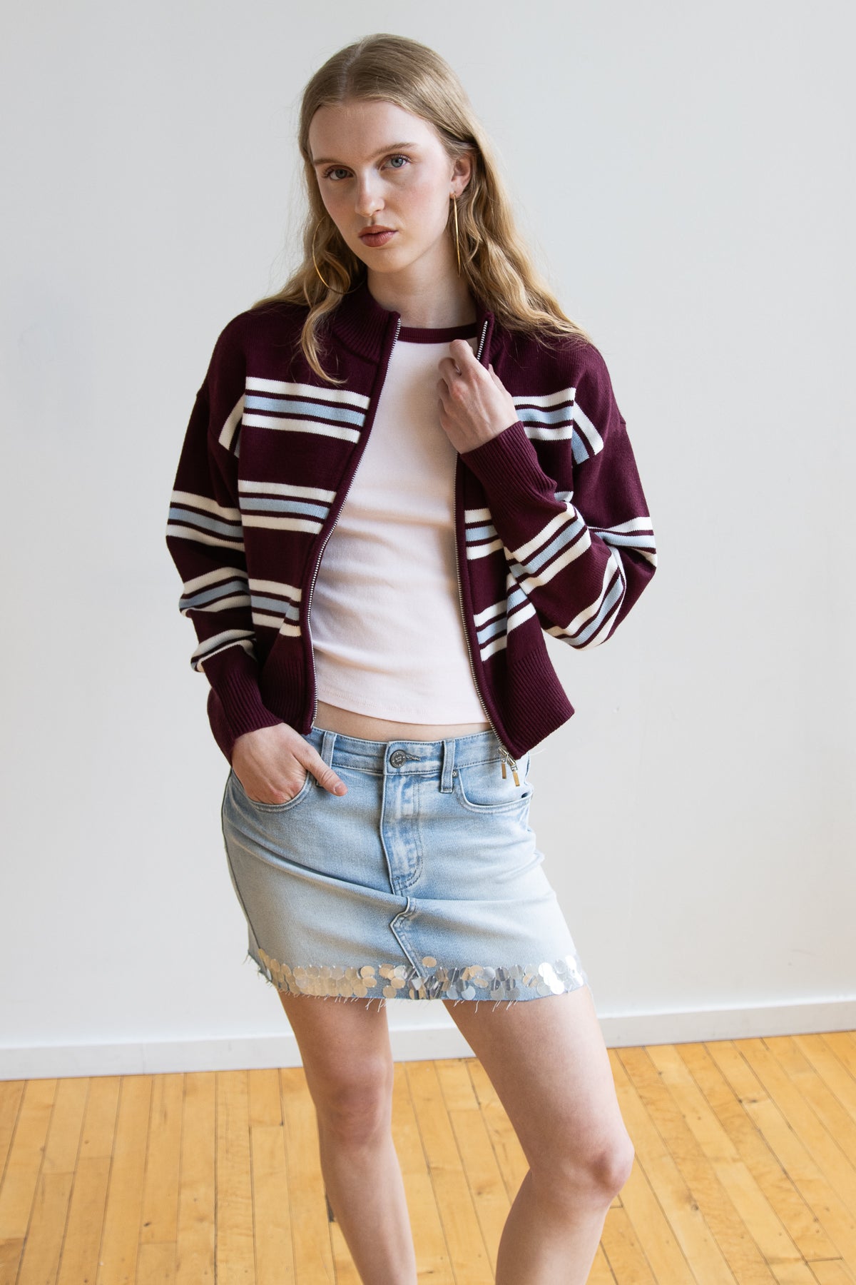 Striped Mock Neck Zip Cardigan