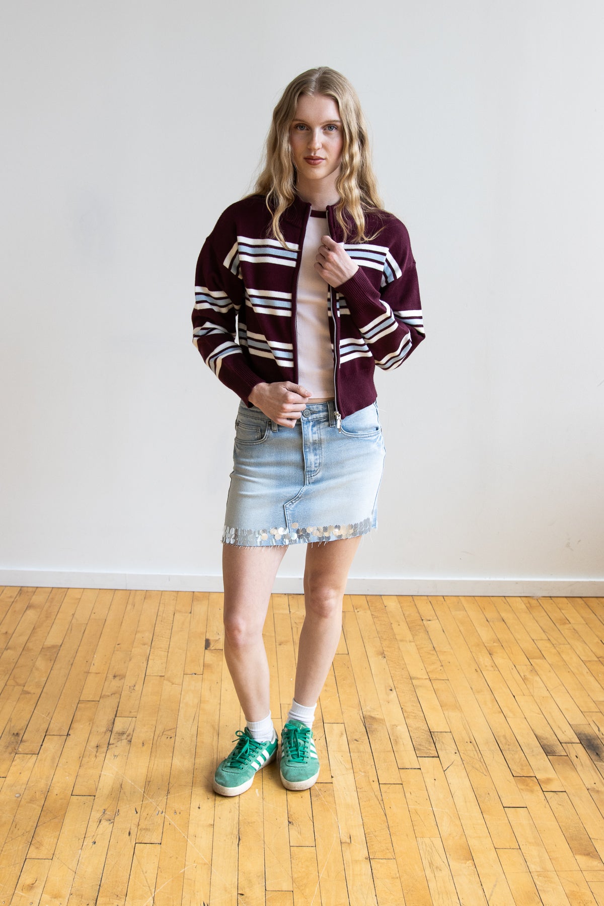 Striped Mock Neck Zip Cardigan