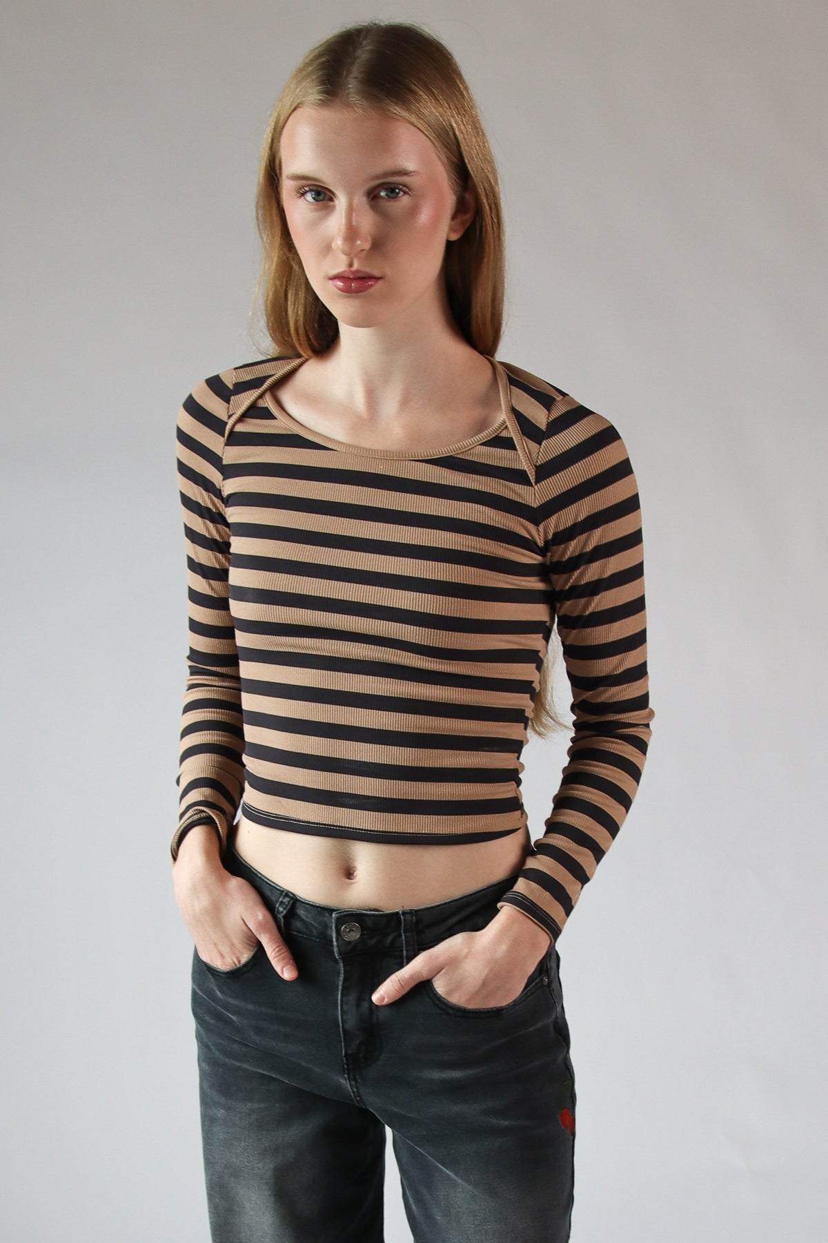 Striped Envelope Neck Long Sleeve Top
