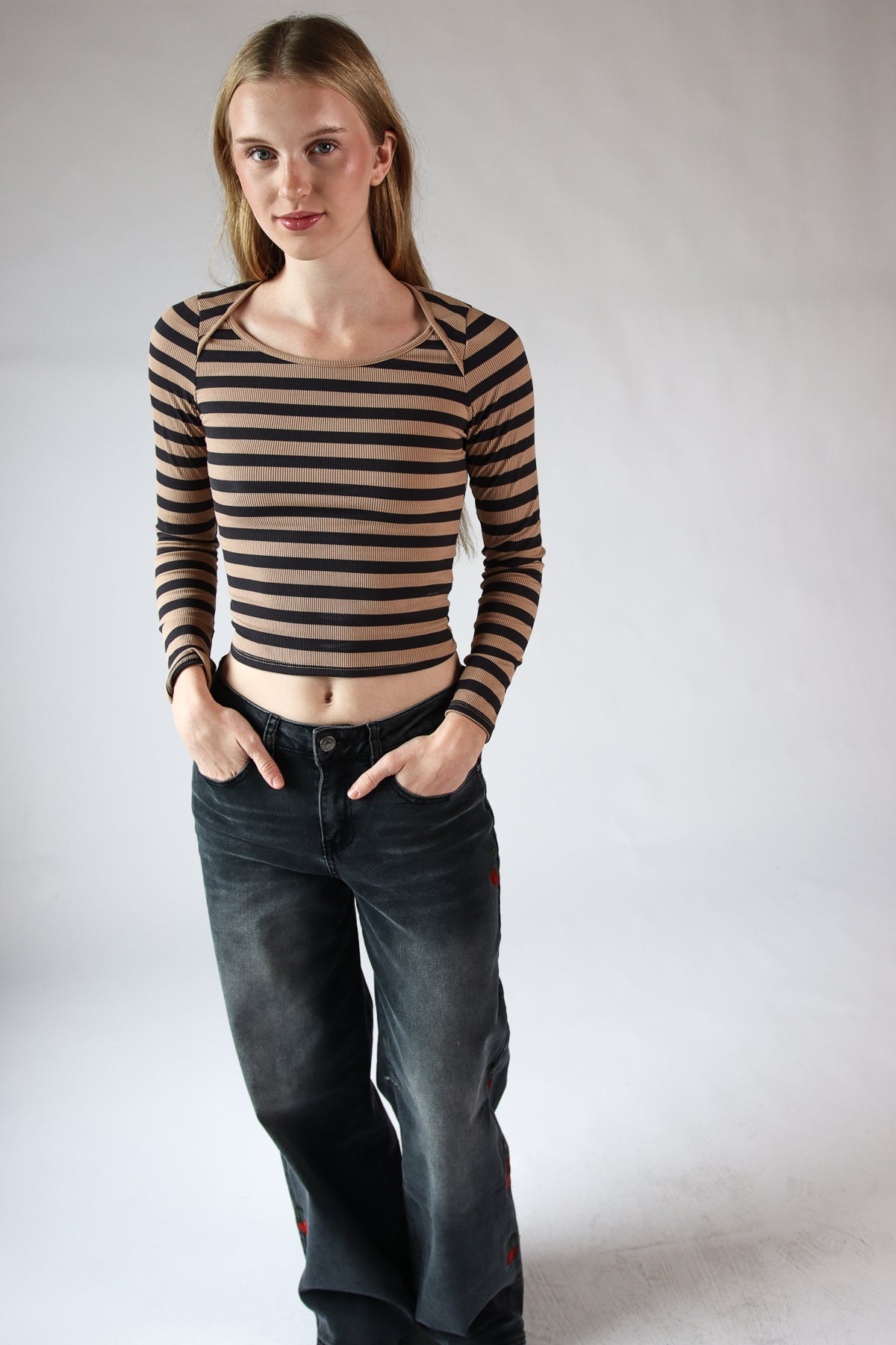 Striped Envelope Neck Long Sleeve Top