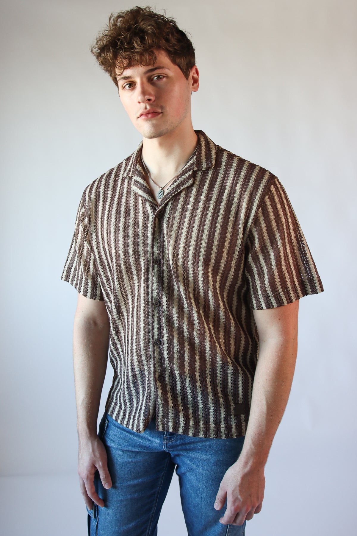 Striped Open Knit Button Up