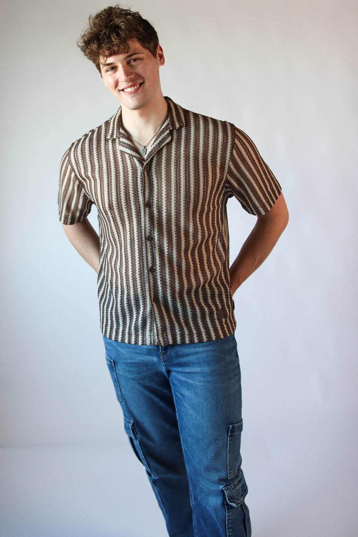 Striped Open Knit Button Up