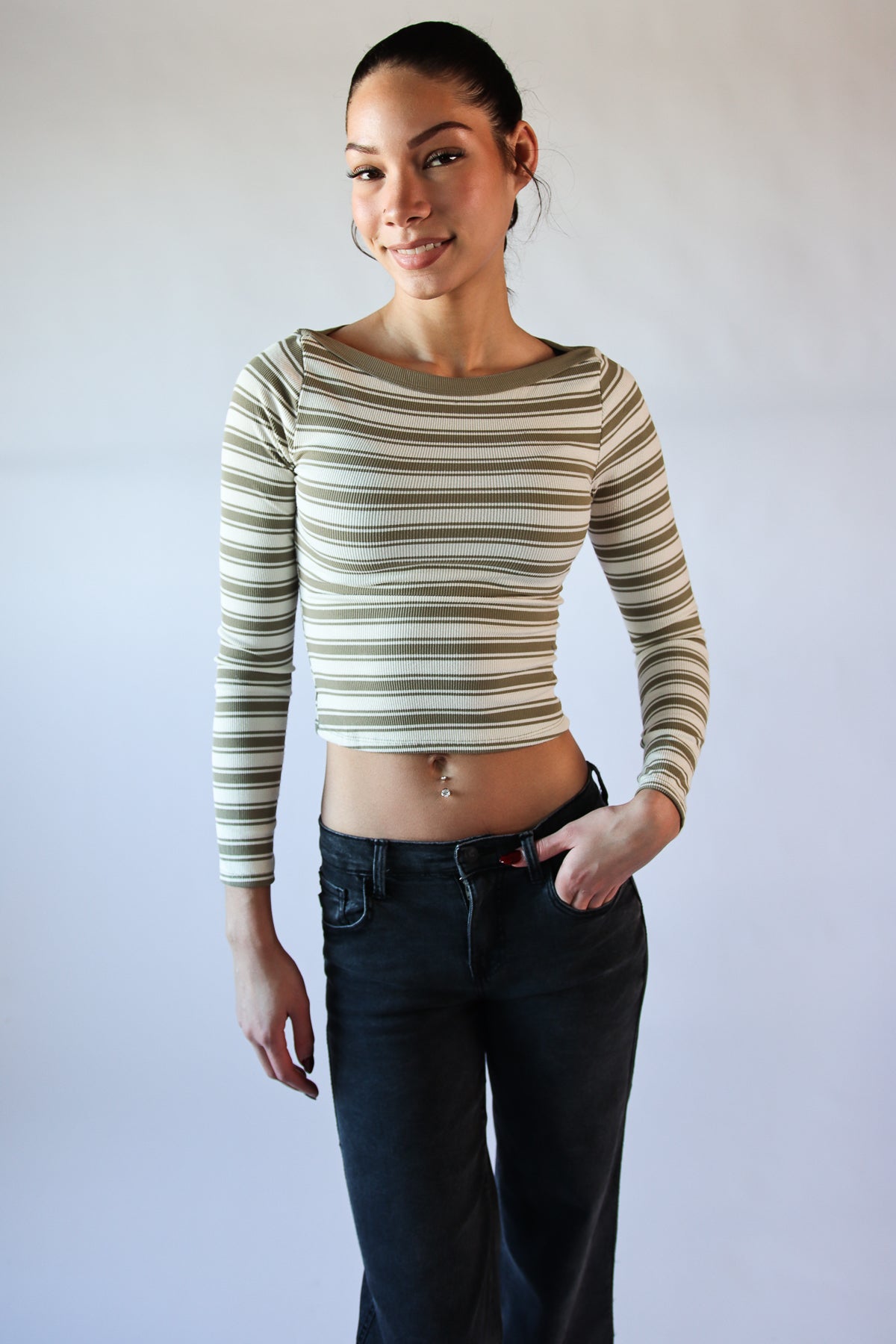 Striped Boat Neck Long Sleeve Top