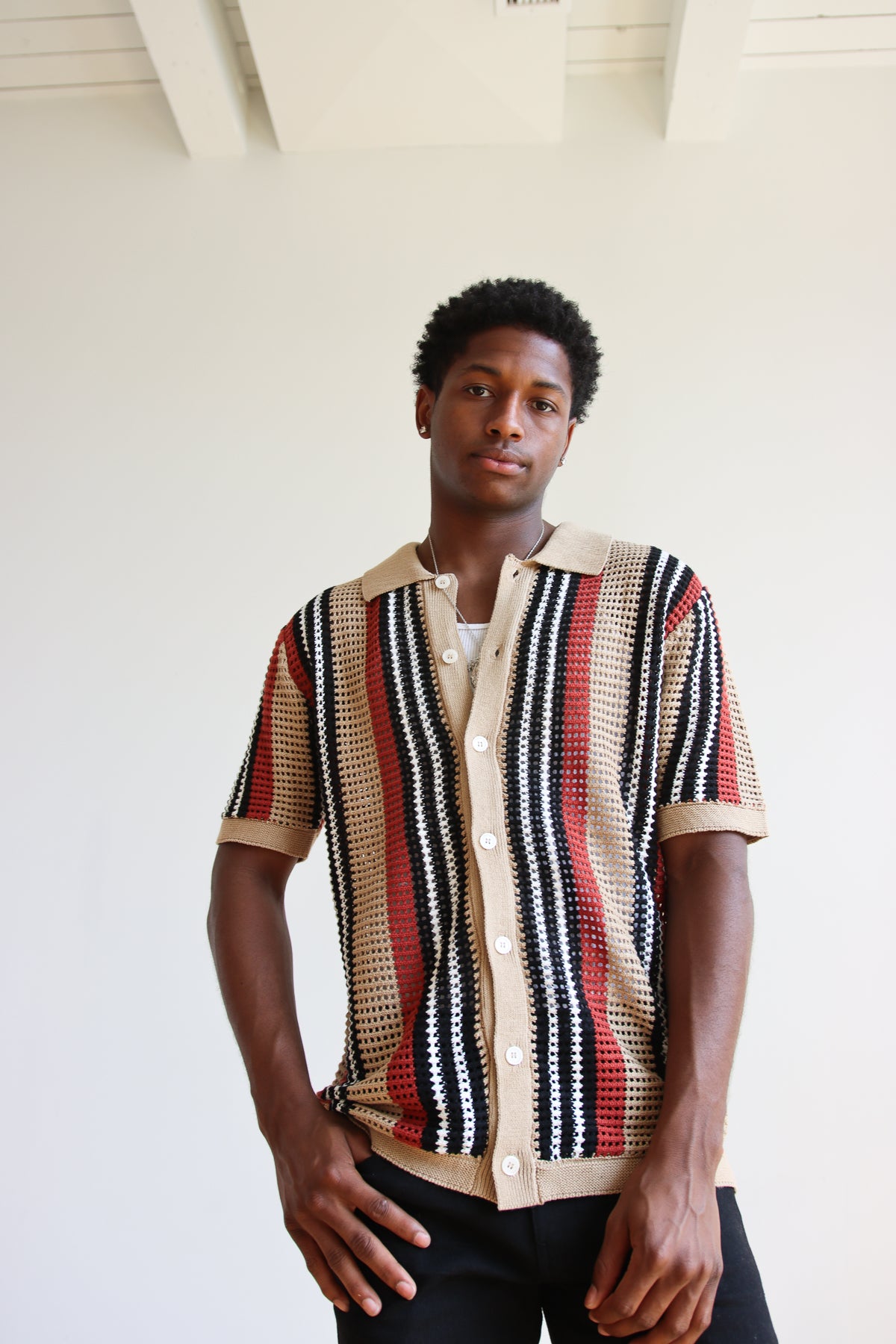 Striped Knit Mesh Button Up Shirt