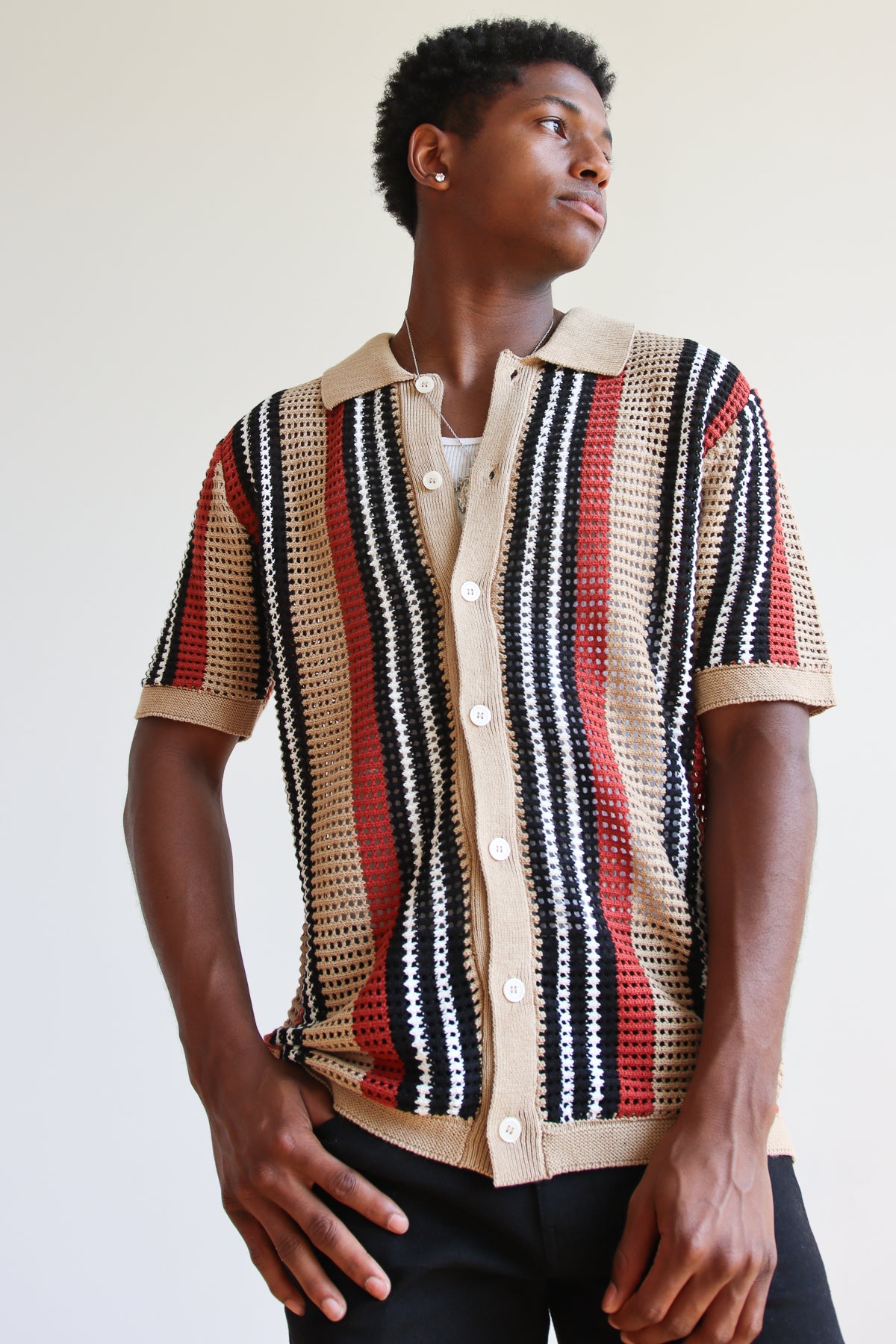 Striped Knit Mesh Button Up Shirt