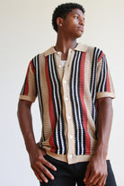 Striped Knit Mesh Button Up Shirt