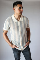 Striped Knit Mesh Button Up Shirt