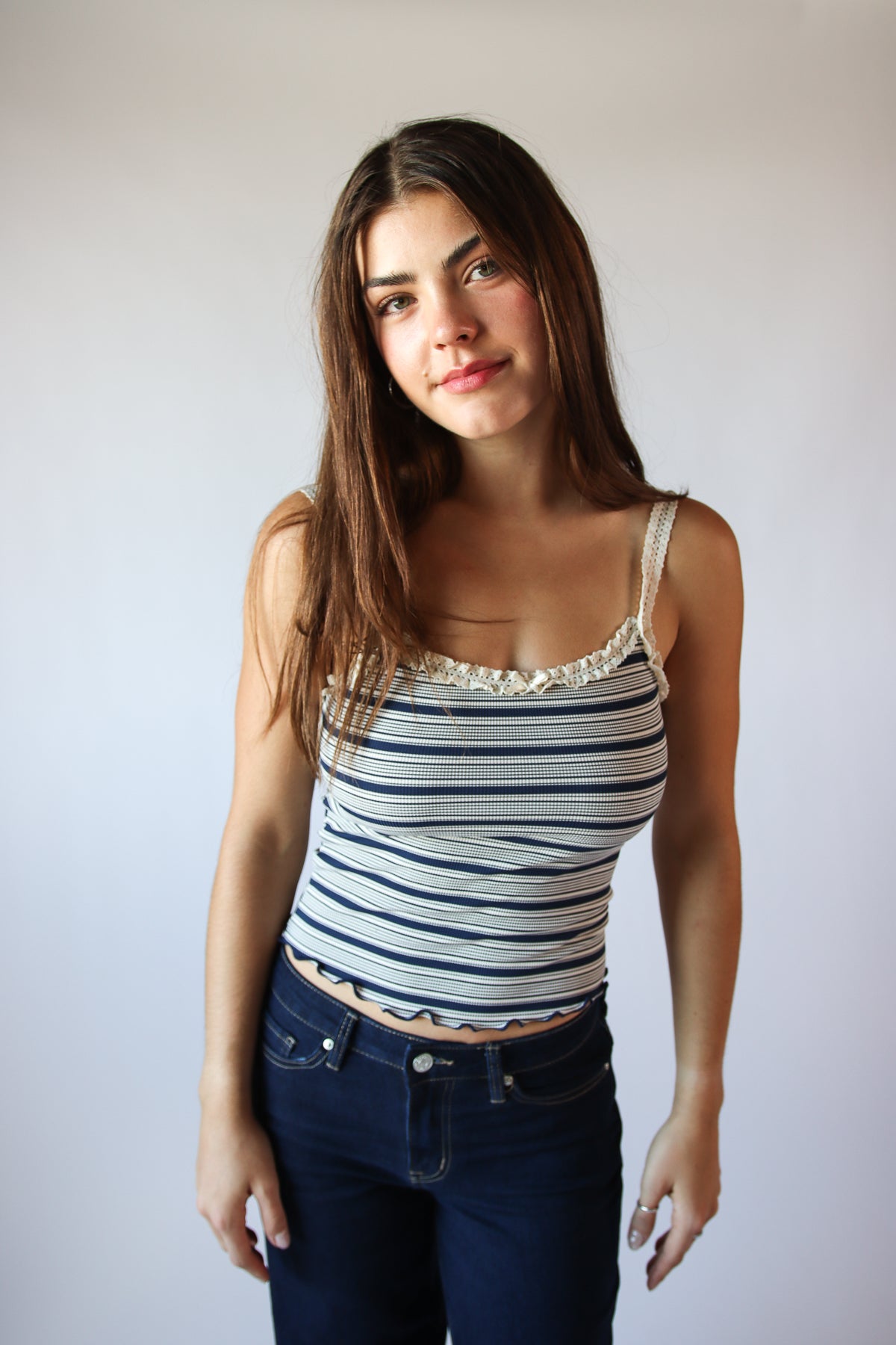 Striped Ribbed Lace Trim Tank Top