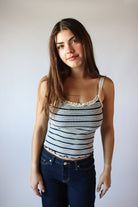 Striped Ribbed Lace Trim Tank Top