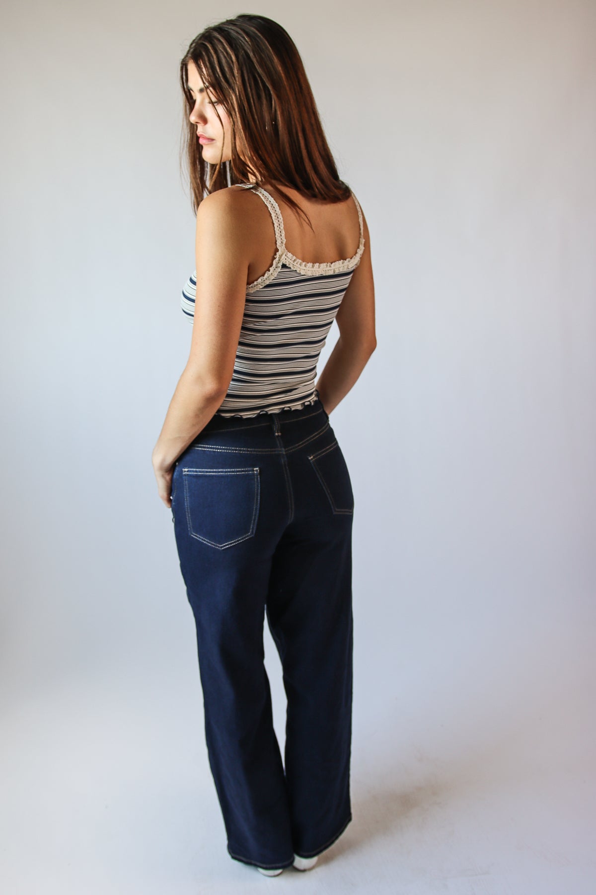 Striped Ribbed Lace Trim Tank Top