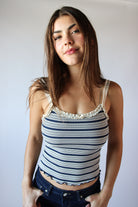 Striped Ribbed Lace Trim Tank Top