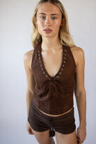 Suede Lace Up Halter Tank Top