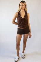 Suede Lace Up Halter Tank Top