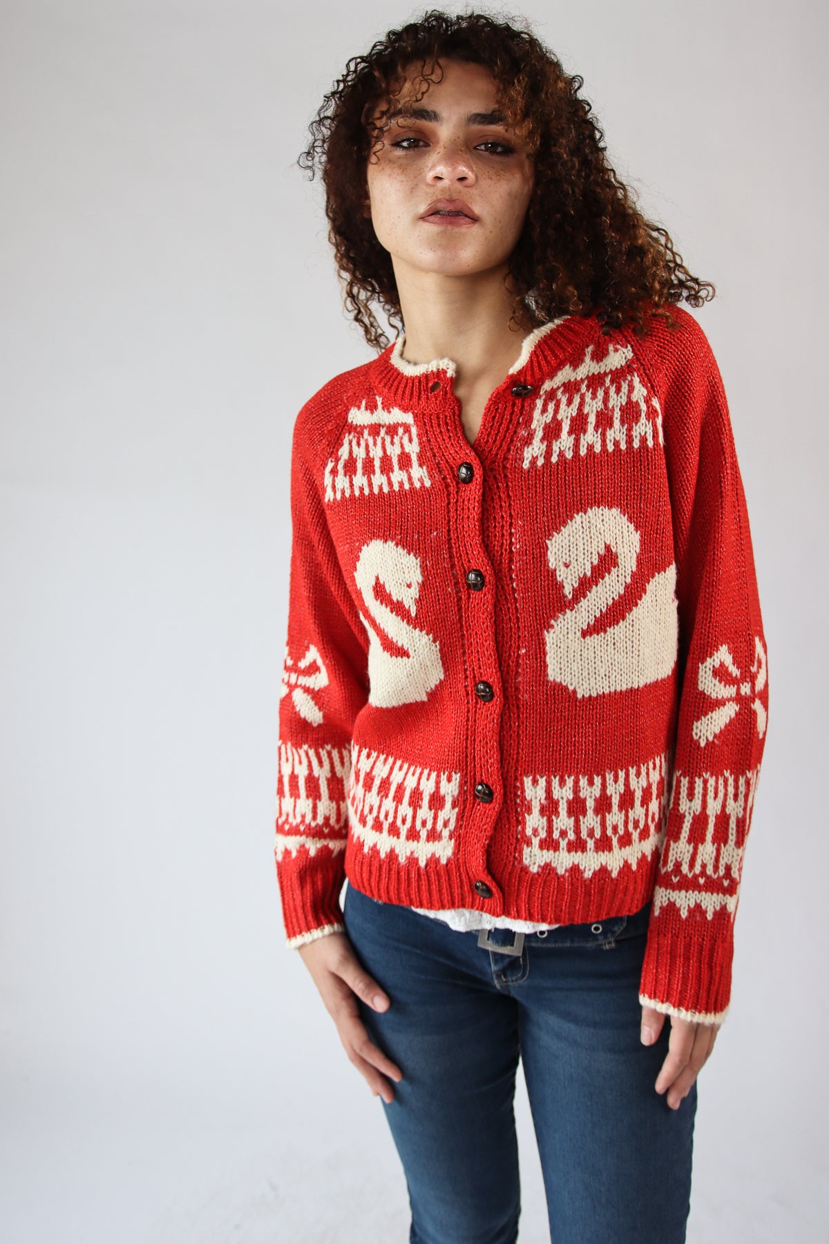 Swan Fair Isle Cardigan Red