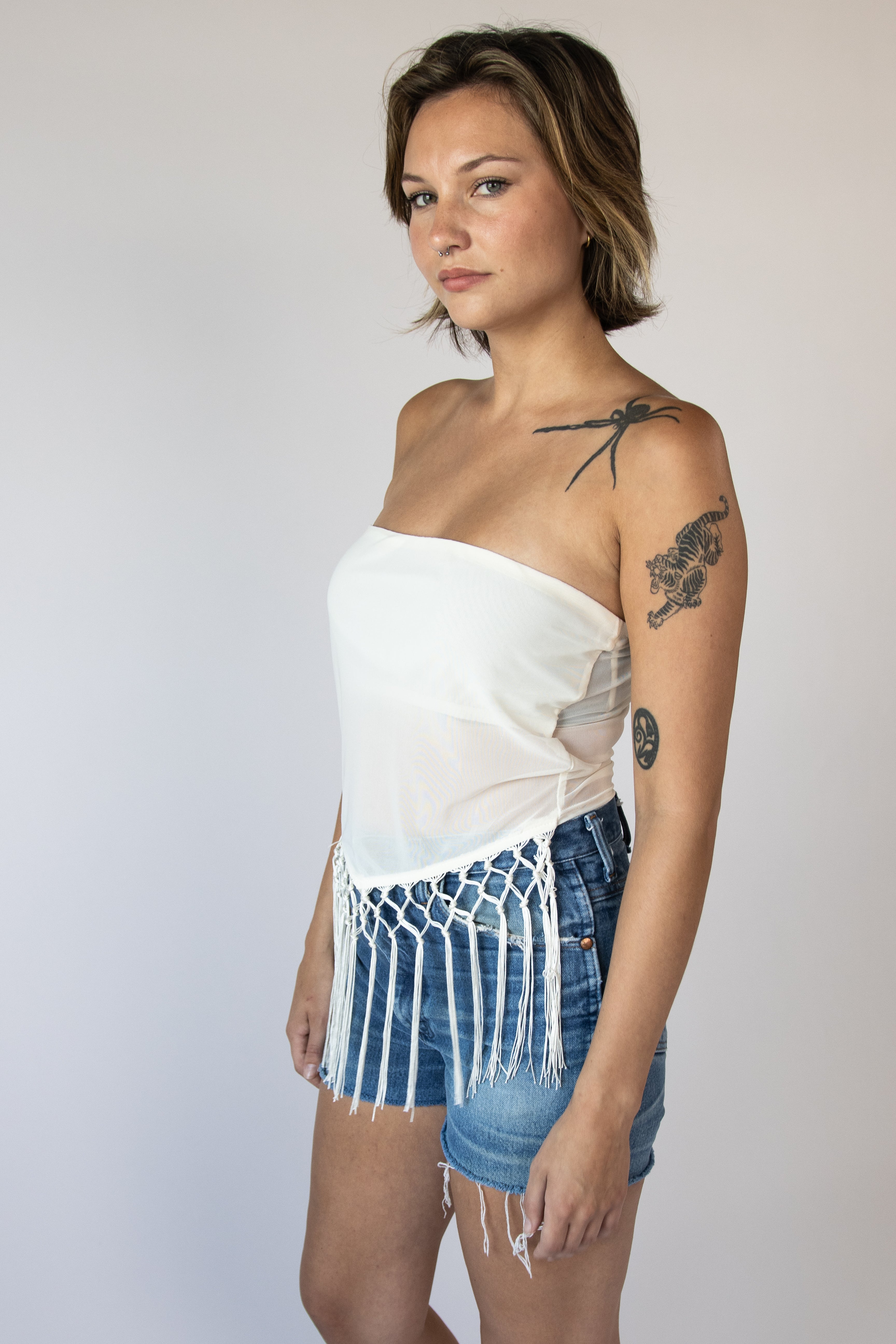 Tassel Fringe Mesh Tube Top