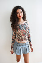 Tattoo Print Mesh Long Sleeve Top