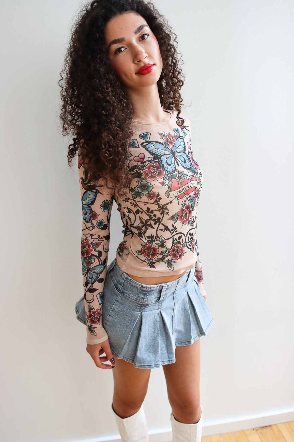 Tattoo Print Mesh Long Sleeve Top