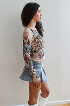 Tattoo Print Mesh Long Sleeve Top