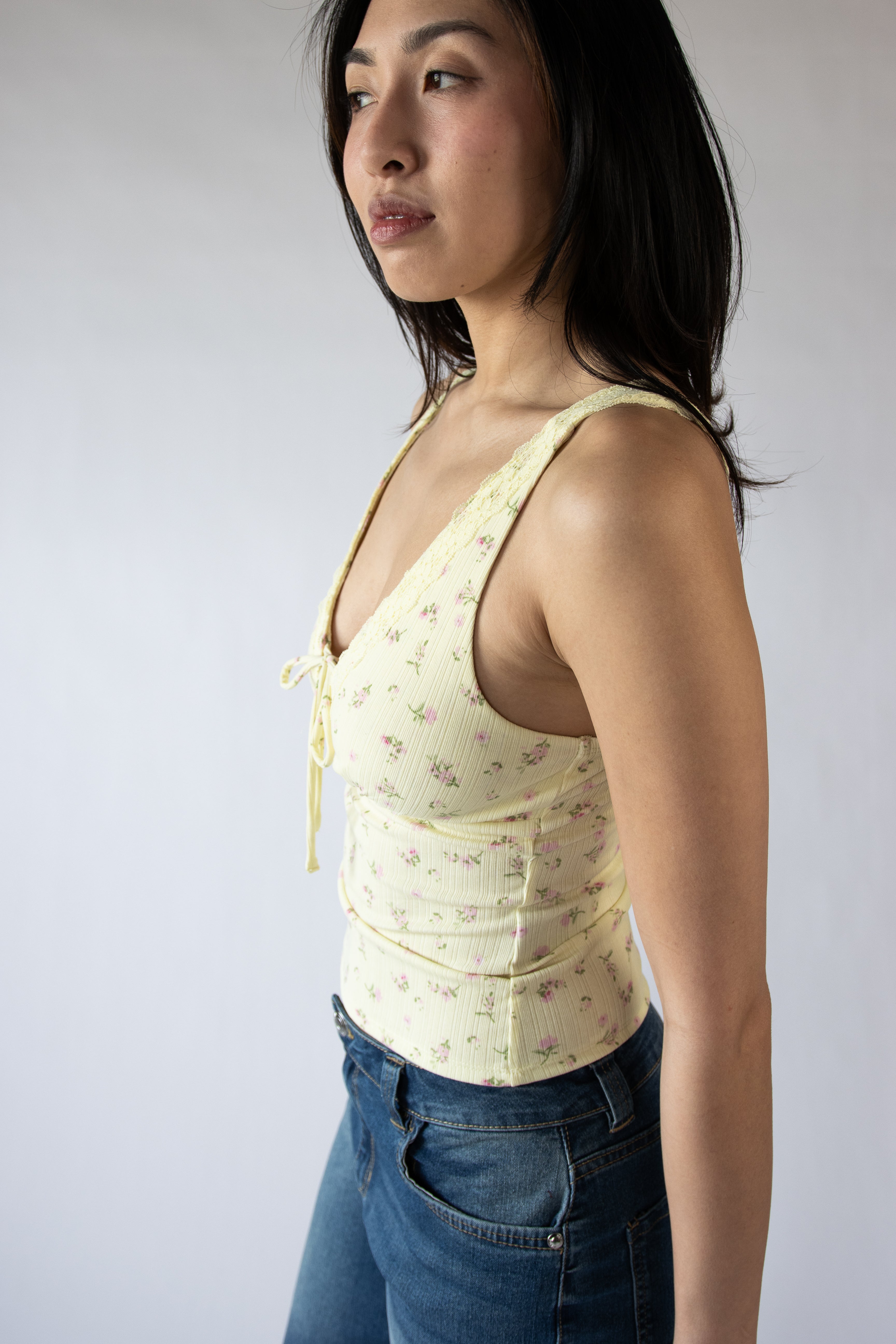 Tie Front Lace Trim Floral Tank Top