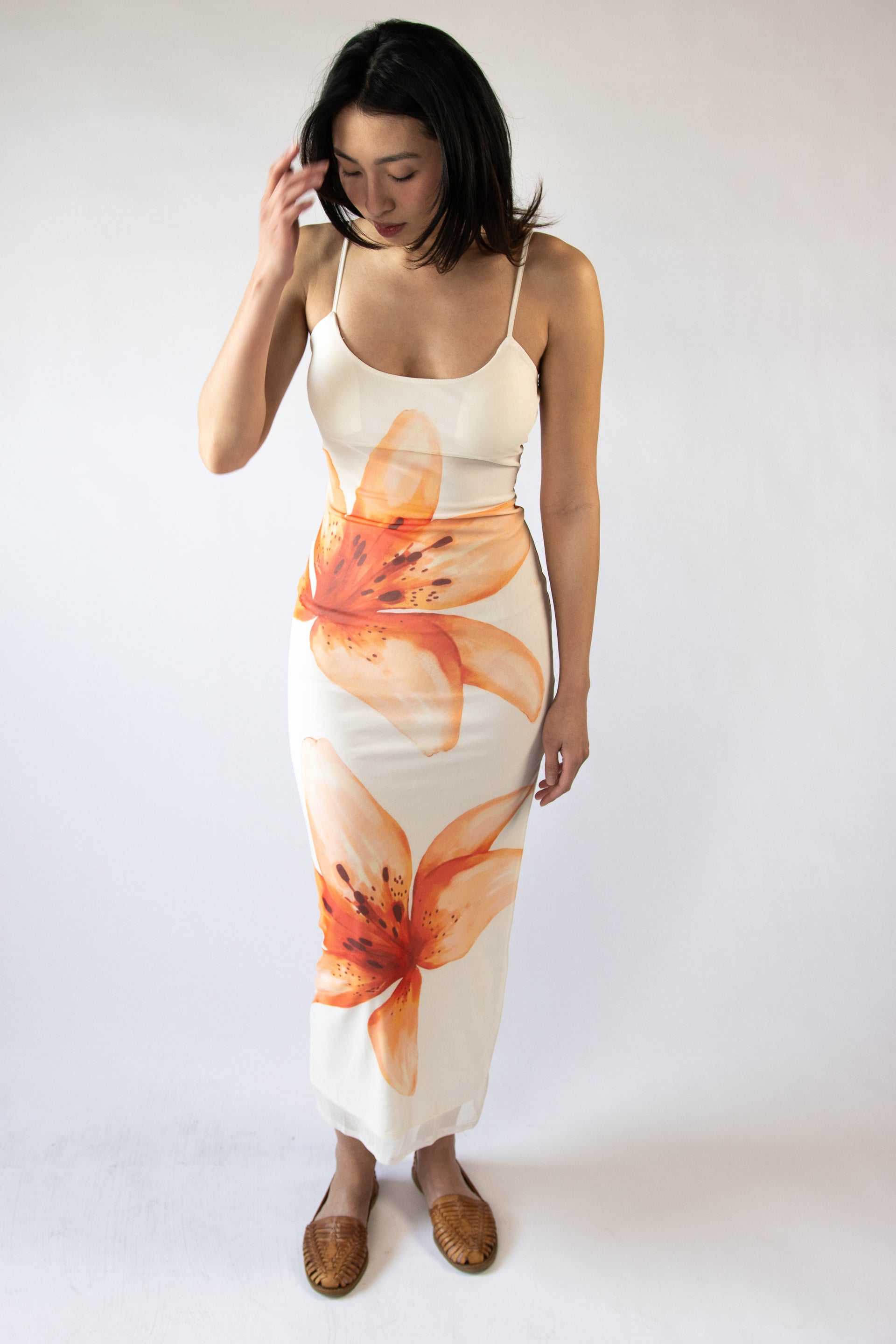 flower mesh maxi dress Large Flower Print Mesh Maxi Dress Orange / XL