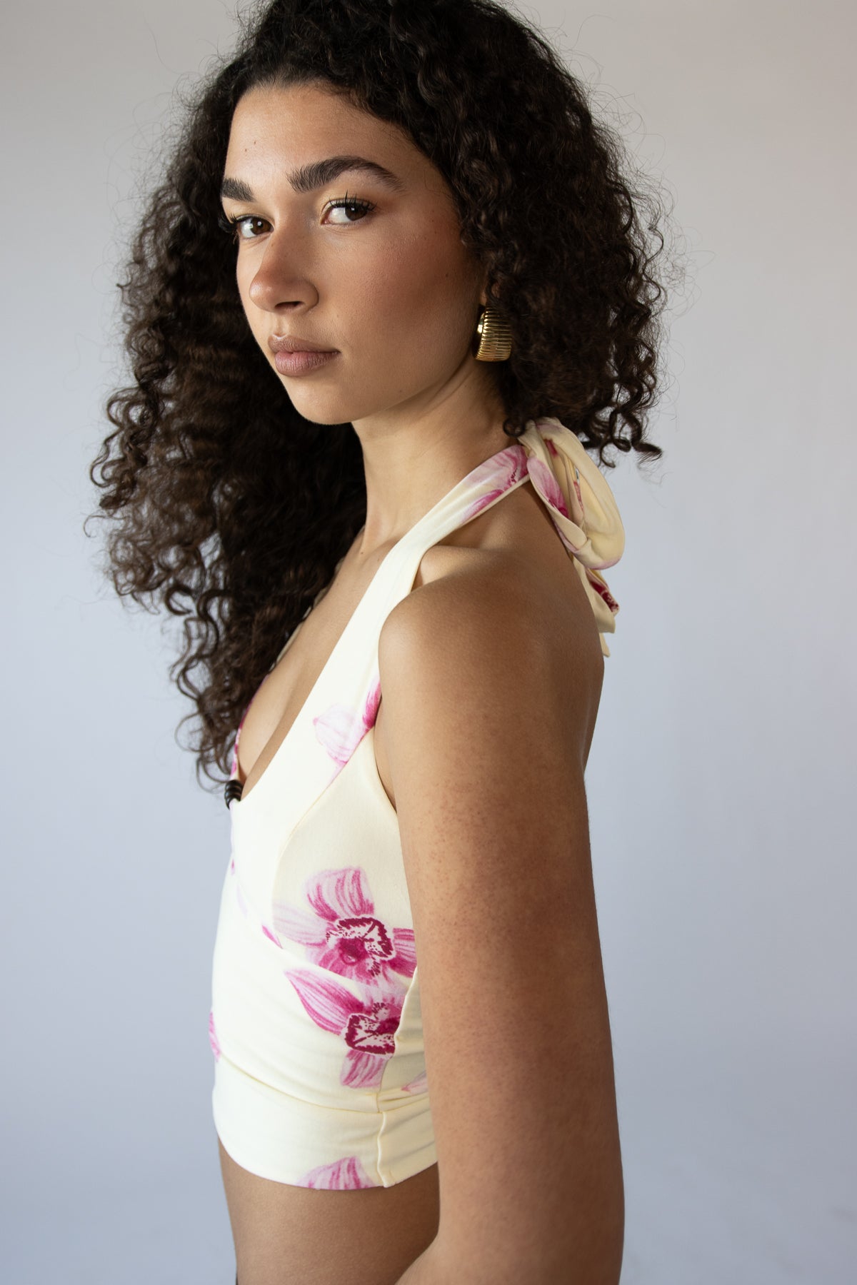 Tropical Floral Wooden Bead Halter Top