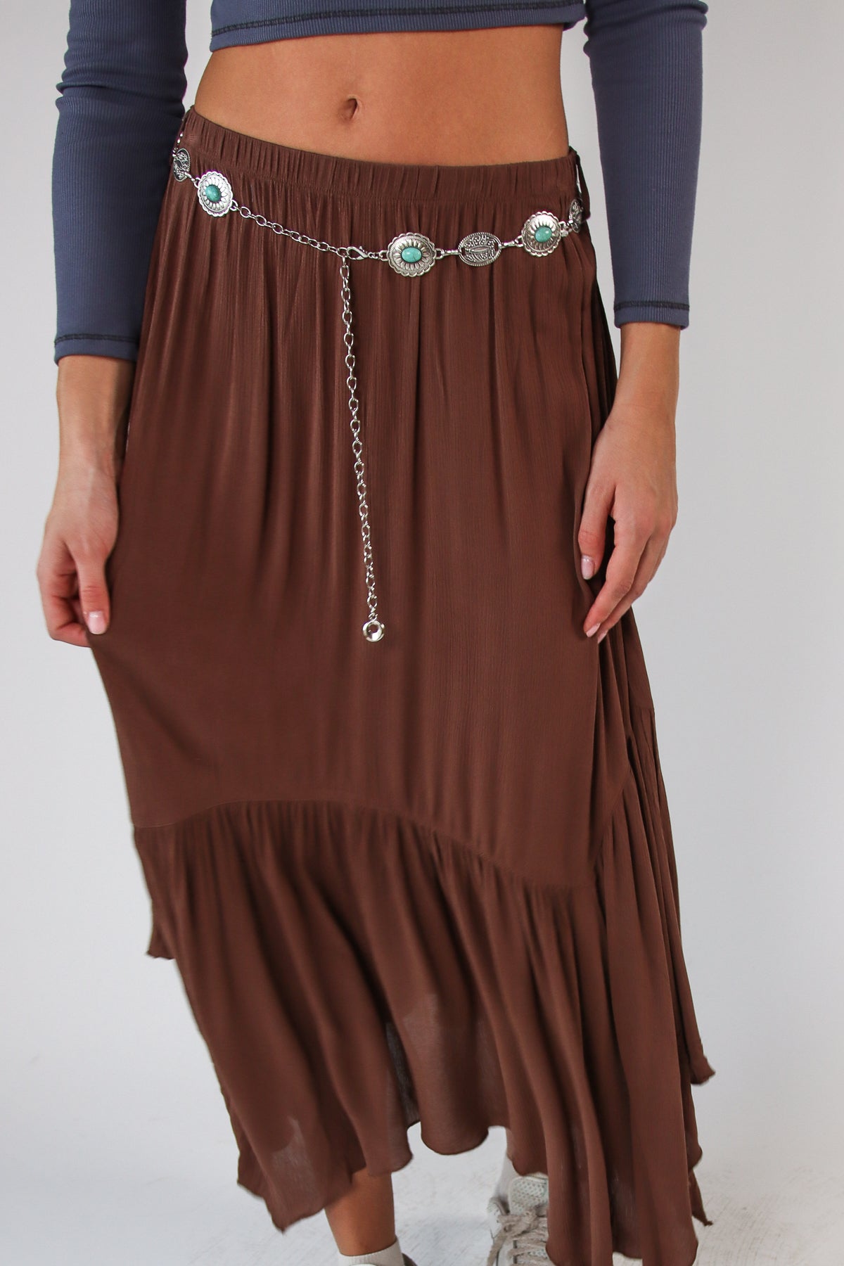 Turquoise Belt Hanky Hem Maxi Skirt