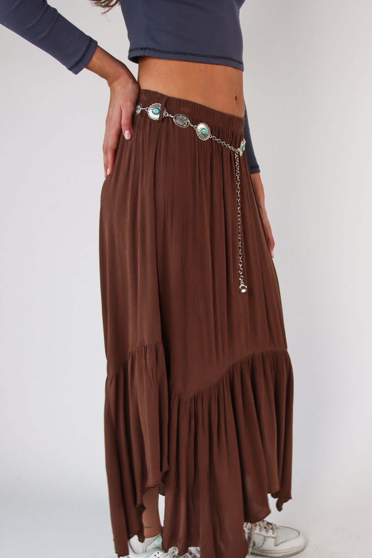 Turquoise Belt Hanky Hem Maxi Skirt