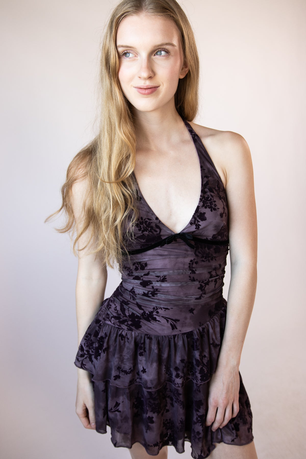 Velvet Trim Asymmetrical Ruffle Mini Dress