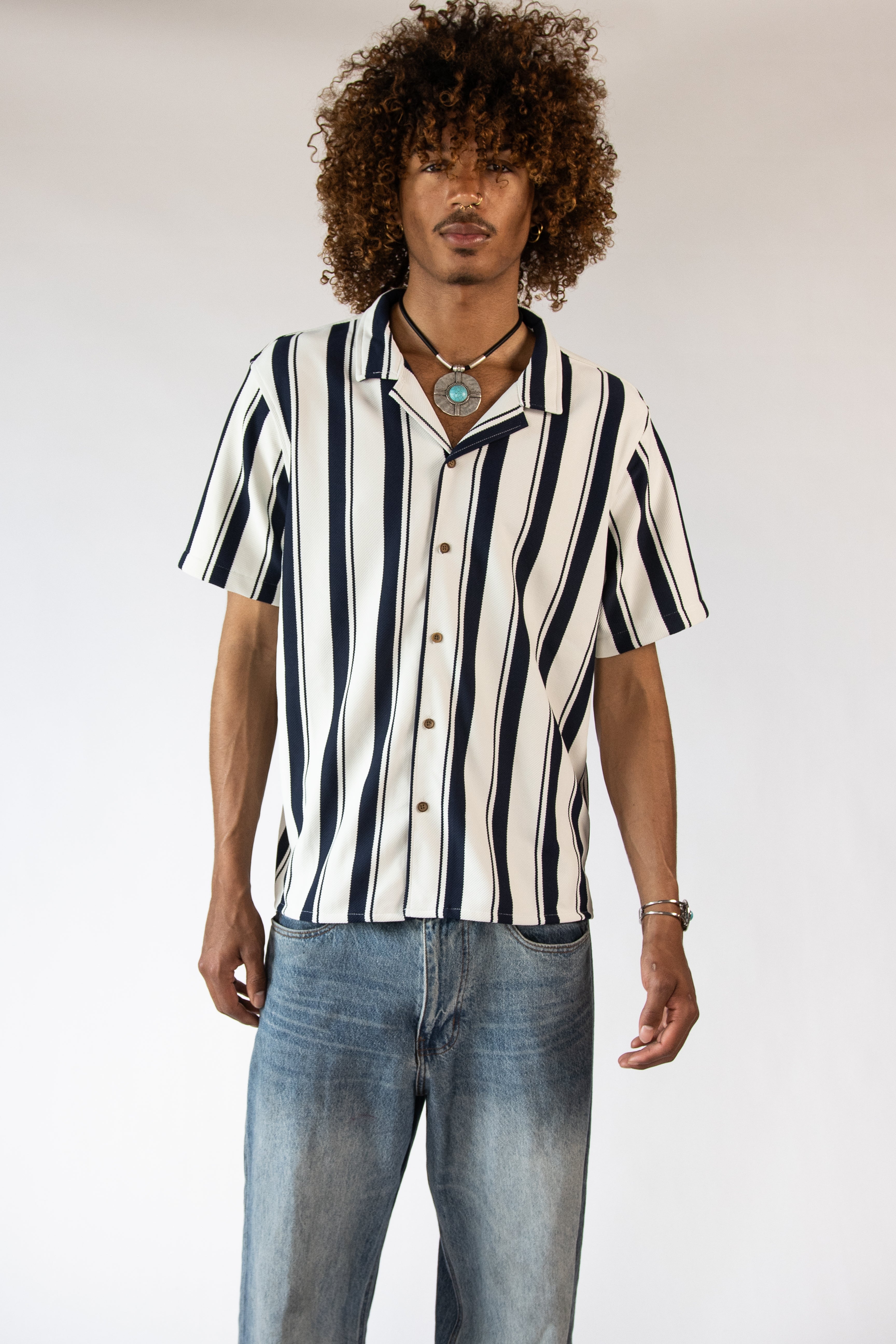 Vertical Striped Textured Button Up Shirt
