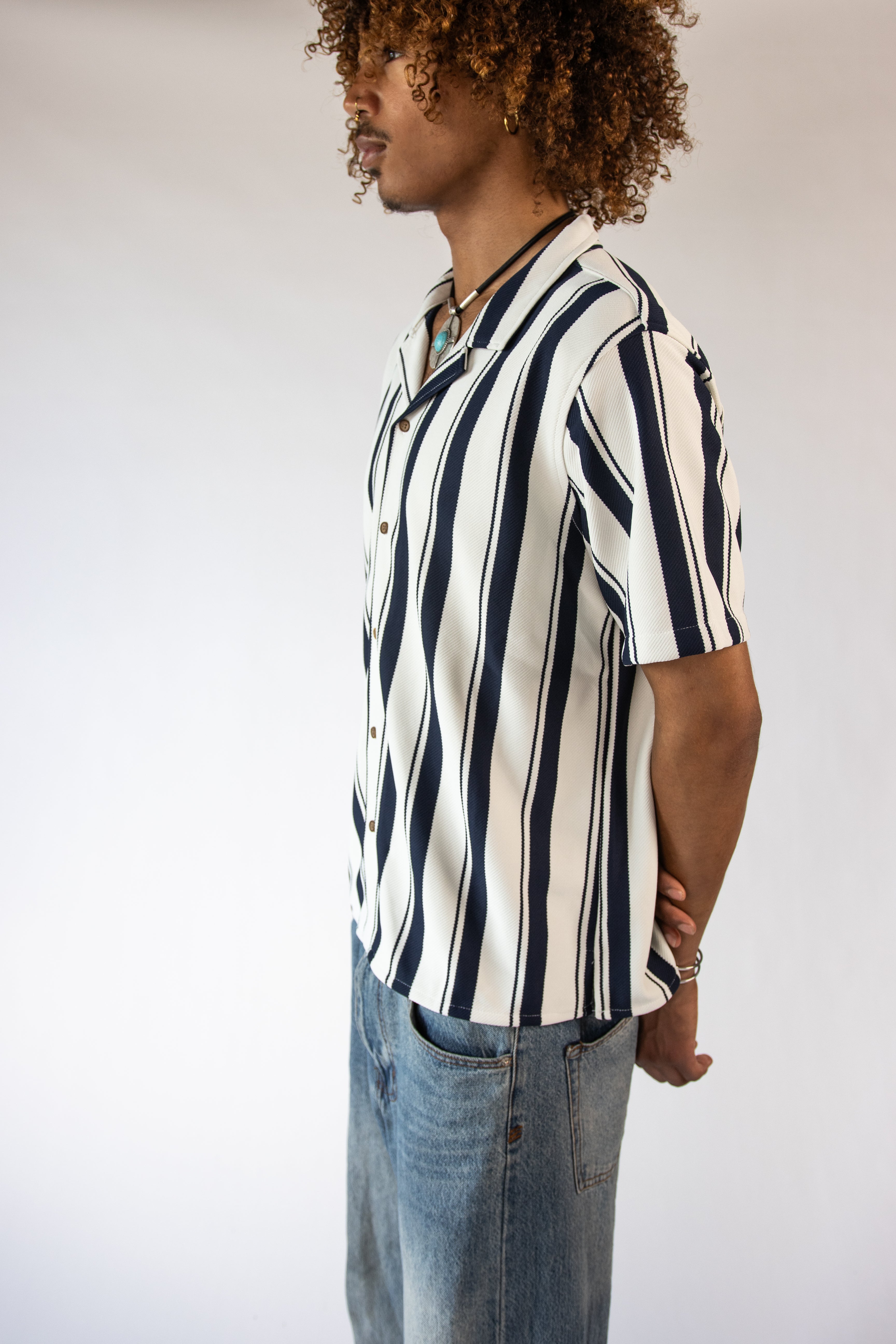 Vertical Striped Textured Button Up Shirt