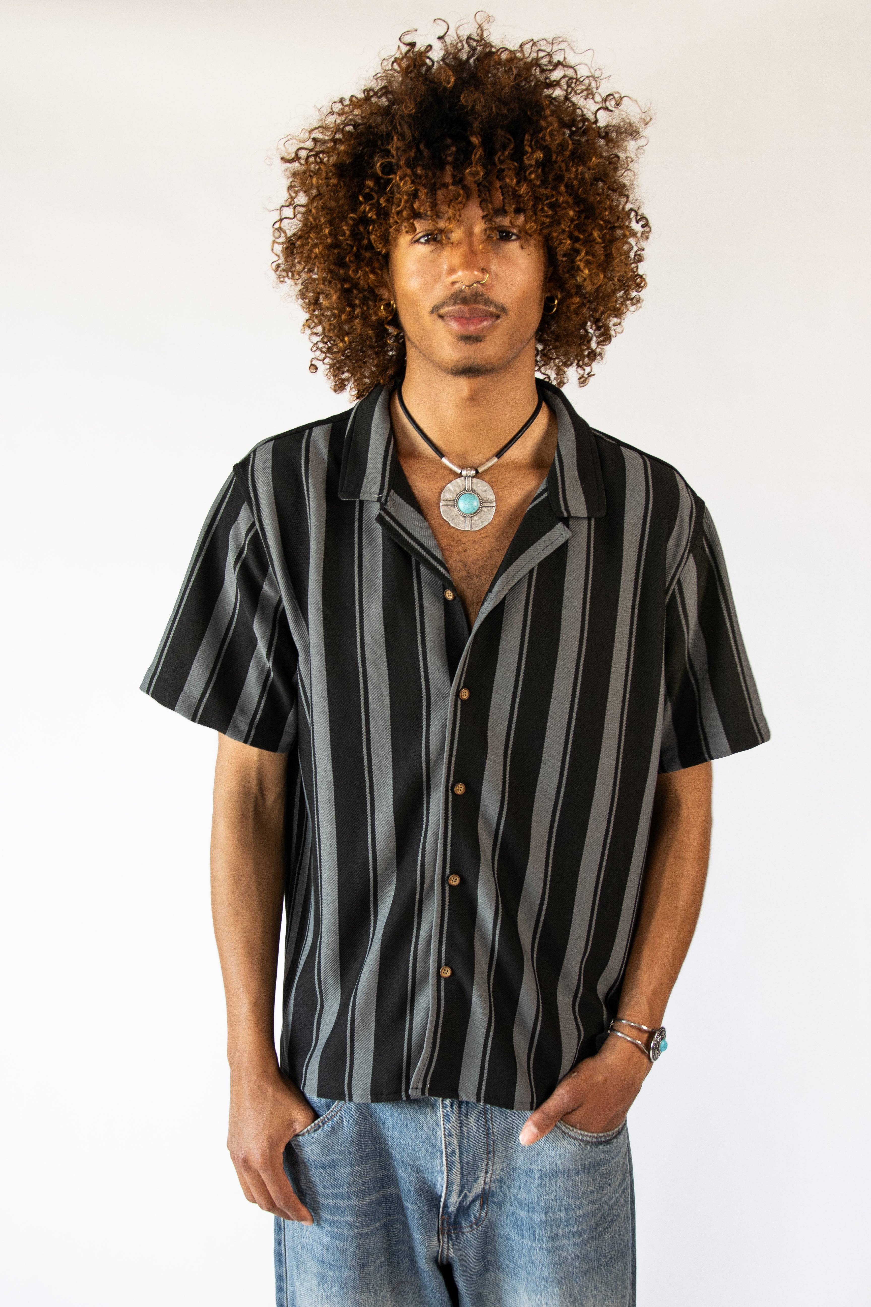 Vertical Striped Textured Button Up Shirt