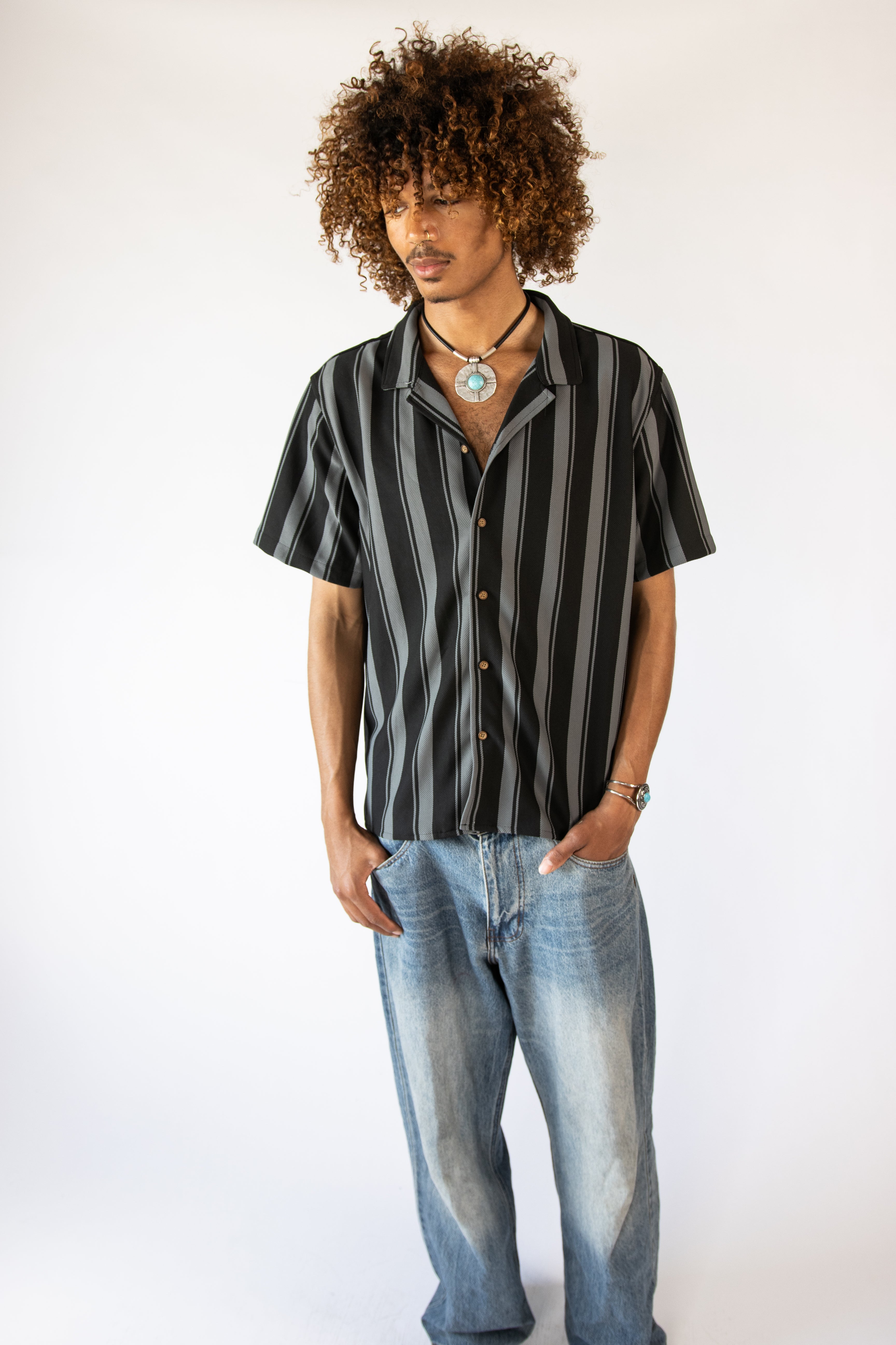 Vertical Striped Textured Button Up Shirt