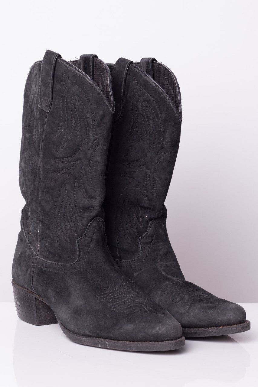 Black Suede Vintage Cowboy Boots (11D)