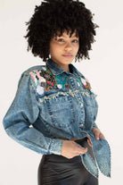 Vintage Cropped Tie Front Embellished Denim Jacket