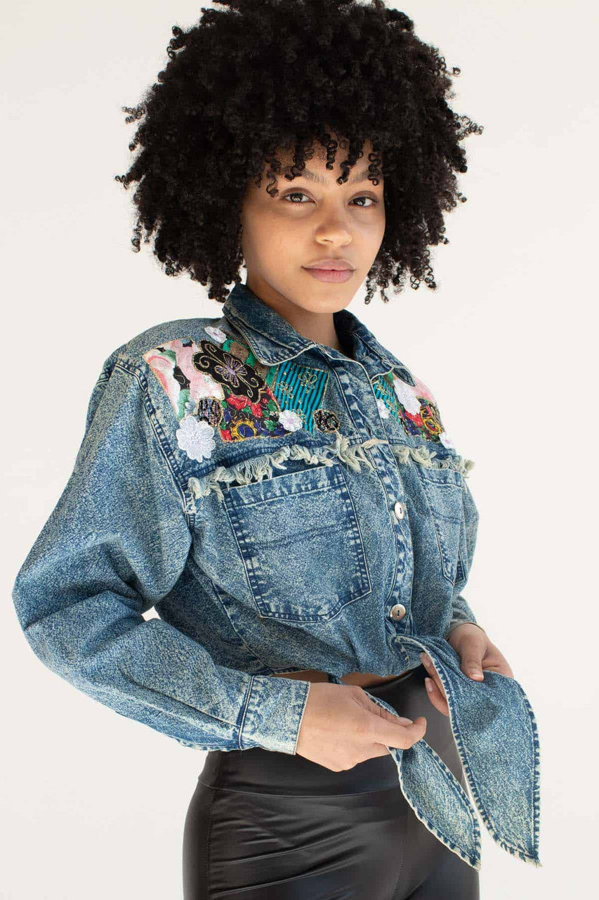Vintage Cropped Tie Front Embellished Denim Jacket