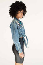 Vintage Cropped Tie Front Embellished Denim Jacket