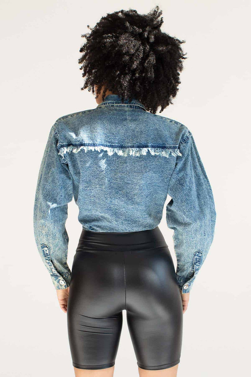 Vintage Cropped Tie Front Embellished Denim Jacket