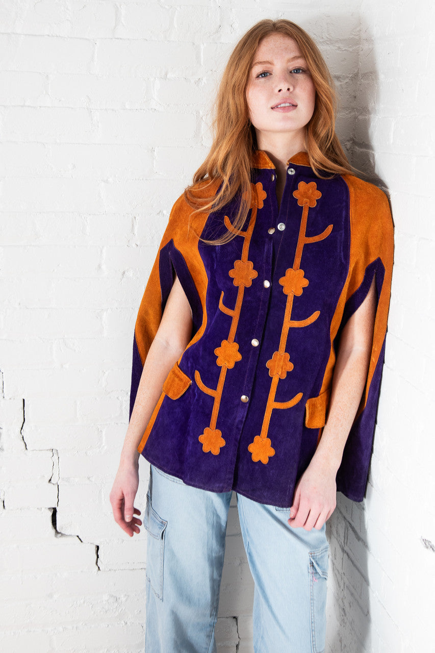 Vintage Purple & Ochre Floral Detail Leather Suede Cape