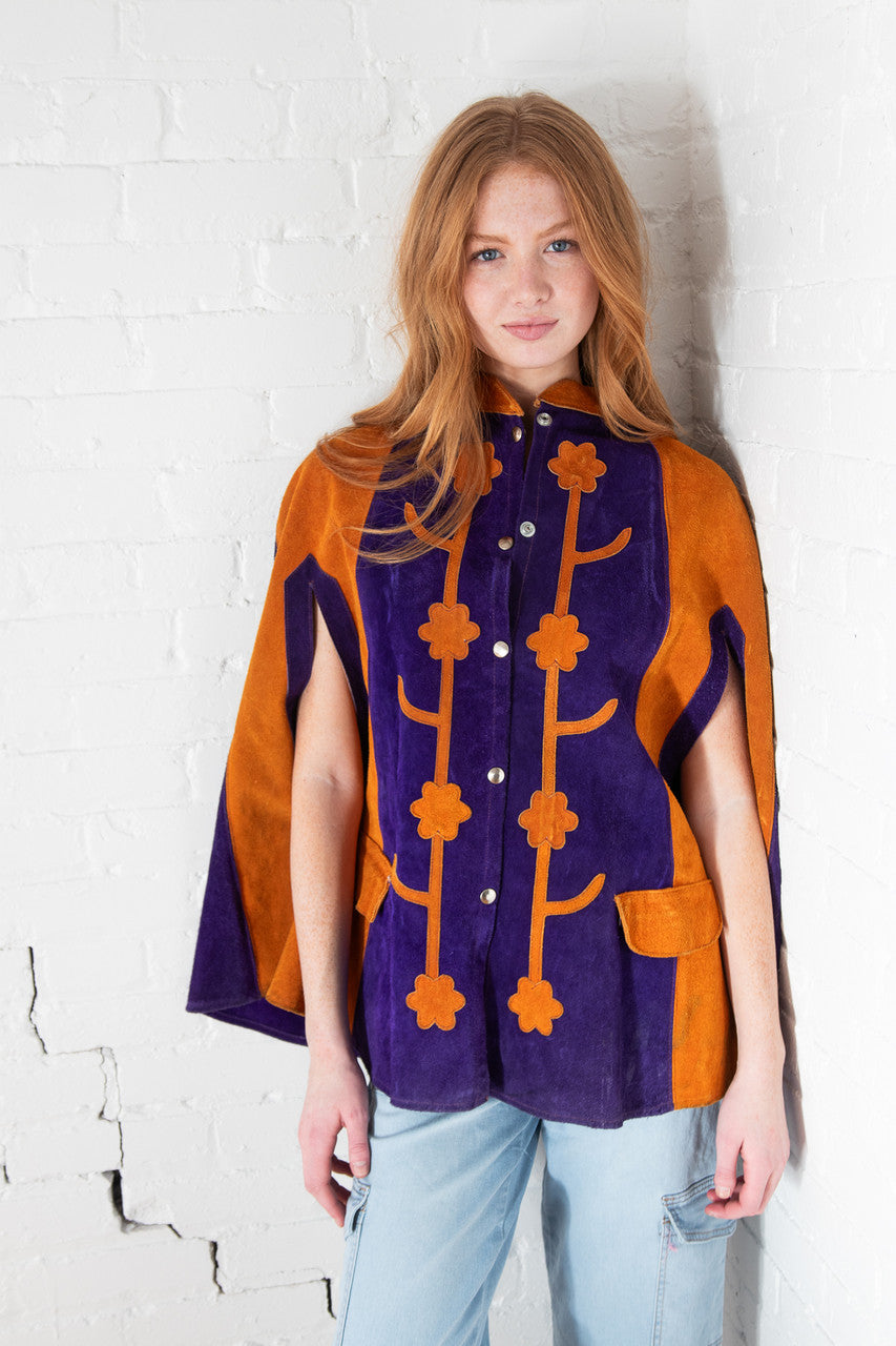 Vintage Purple & Ochre Floral Detail Leather Suede Cape
