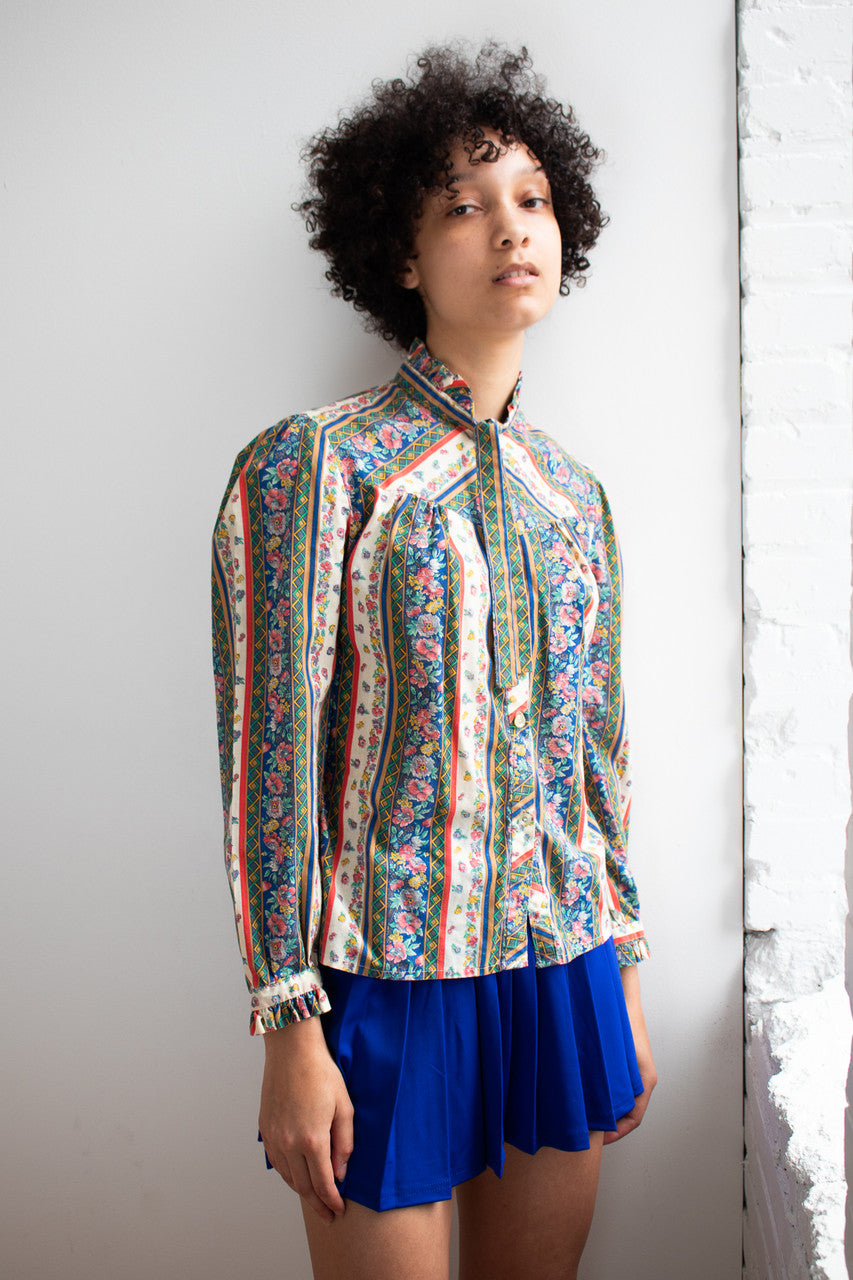 Vintage Floral Stripe Tie Neck Blouse (1970s)