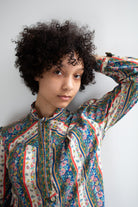Vintage Floral Stripe Tie Neck Blouse (1970s)