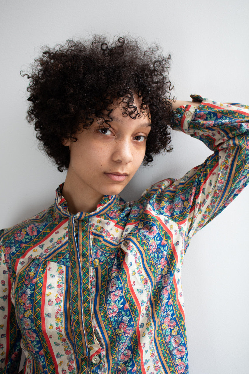 Vintage Floral Stripe Tie Neck Blouse (1970s)