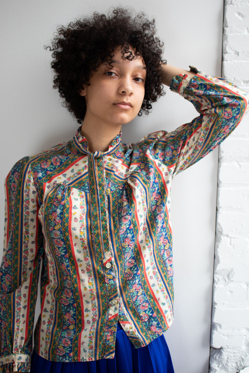 Vintage Floral Stripe Tie Neck Blouse (1970s)