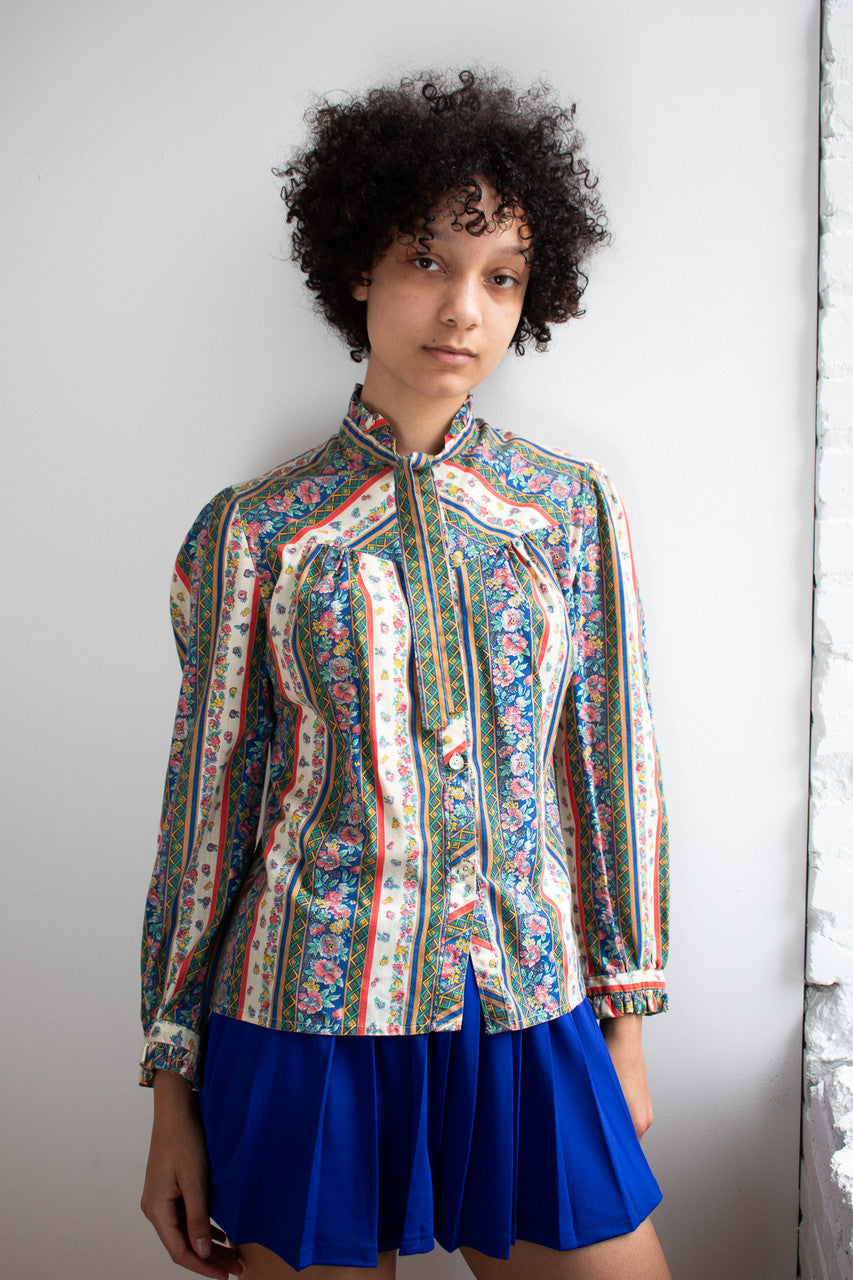 Vintage Floral Stripe Tie Neck Blouse (1970s)