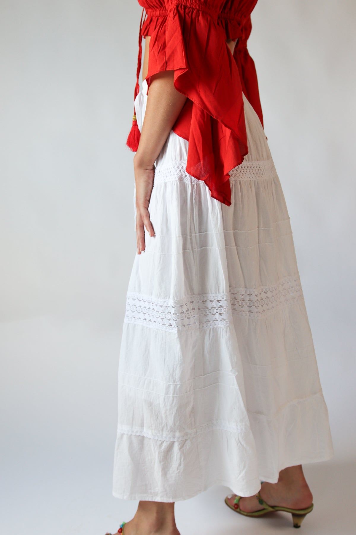 White Crochet Trim Maxi Skirt