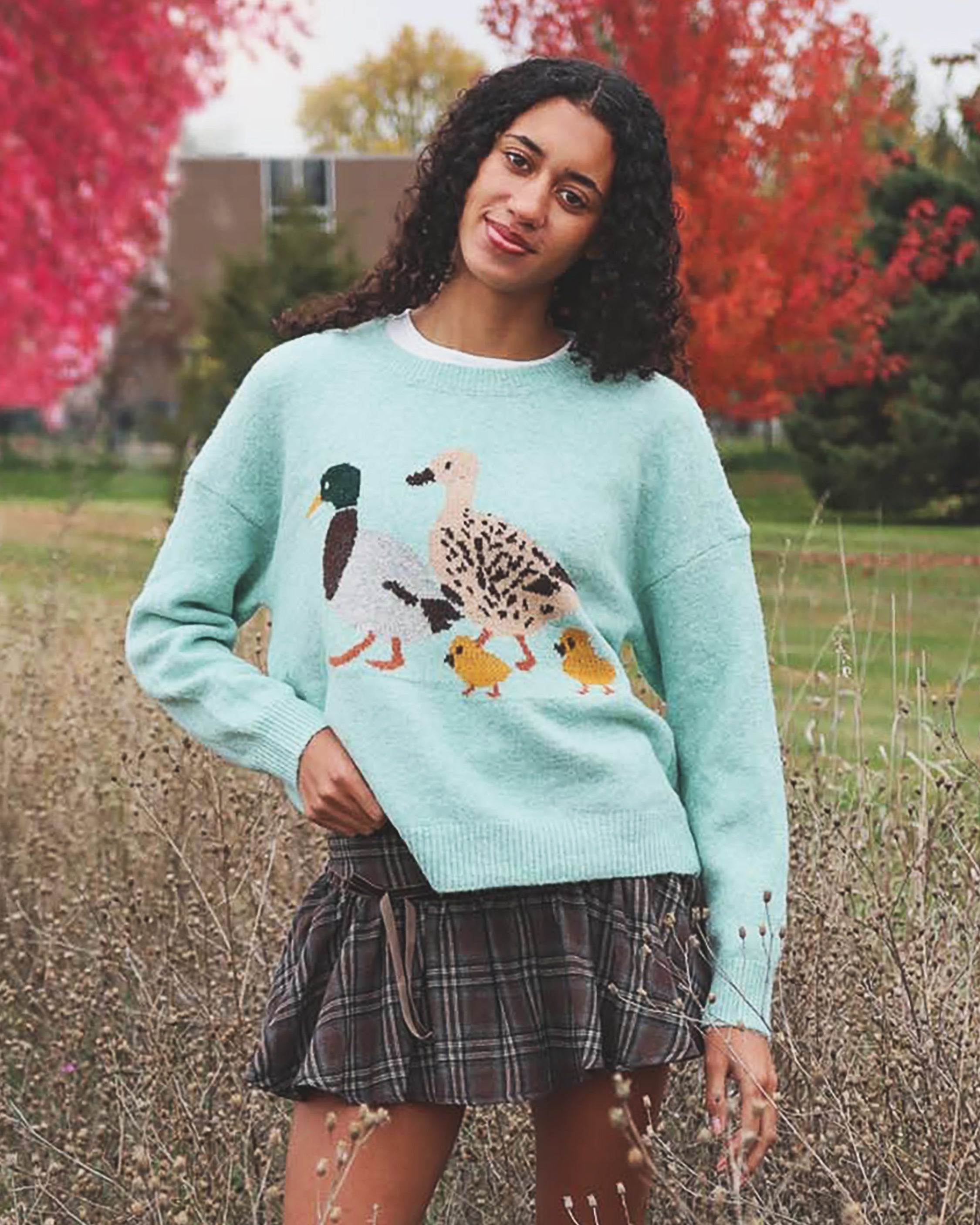 female model wearing family of ducks pullover sweater and plaid mini skirt