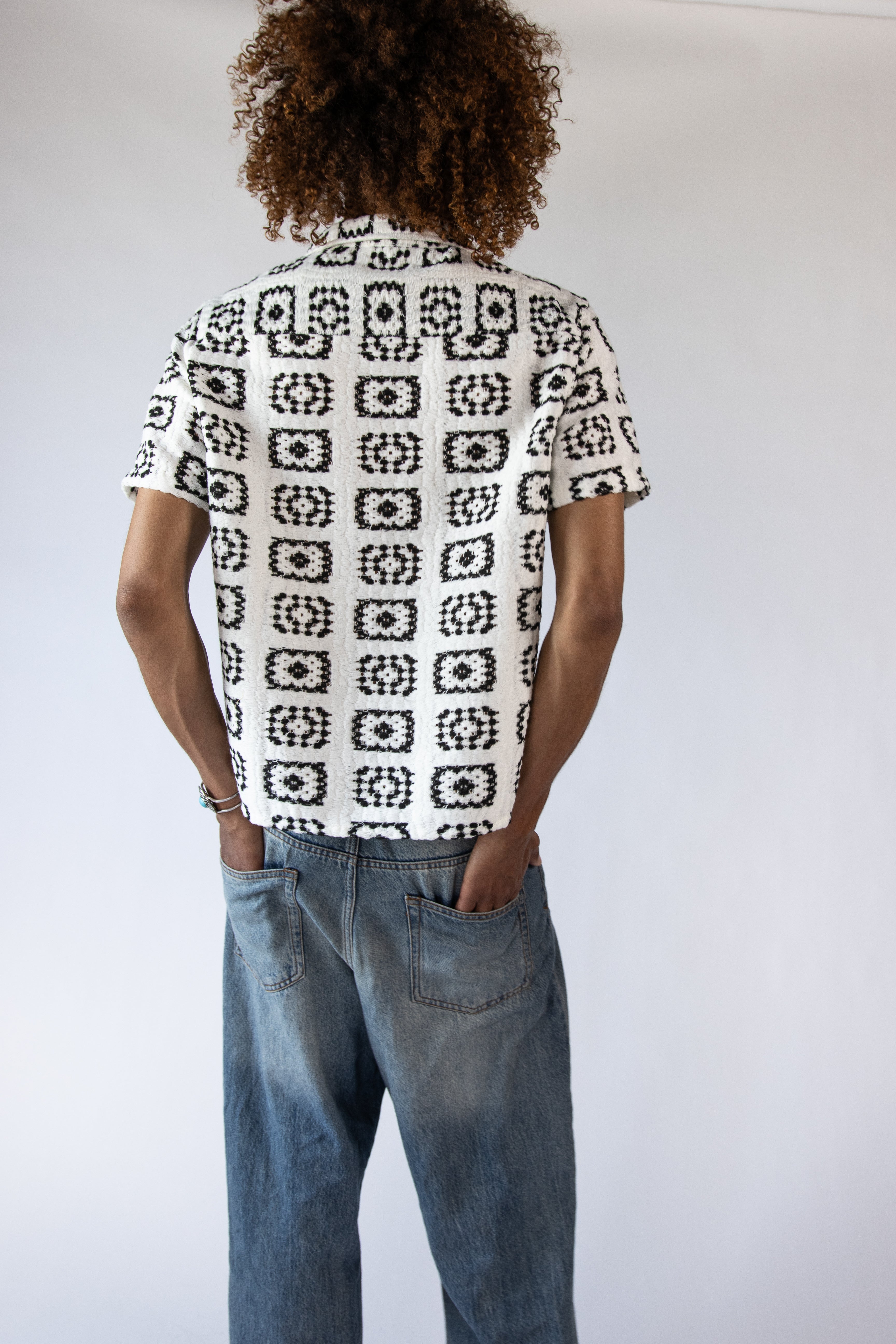Woven Granny Square Print Button Up Shirt