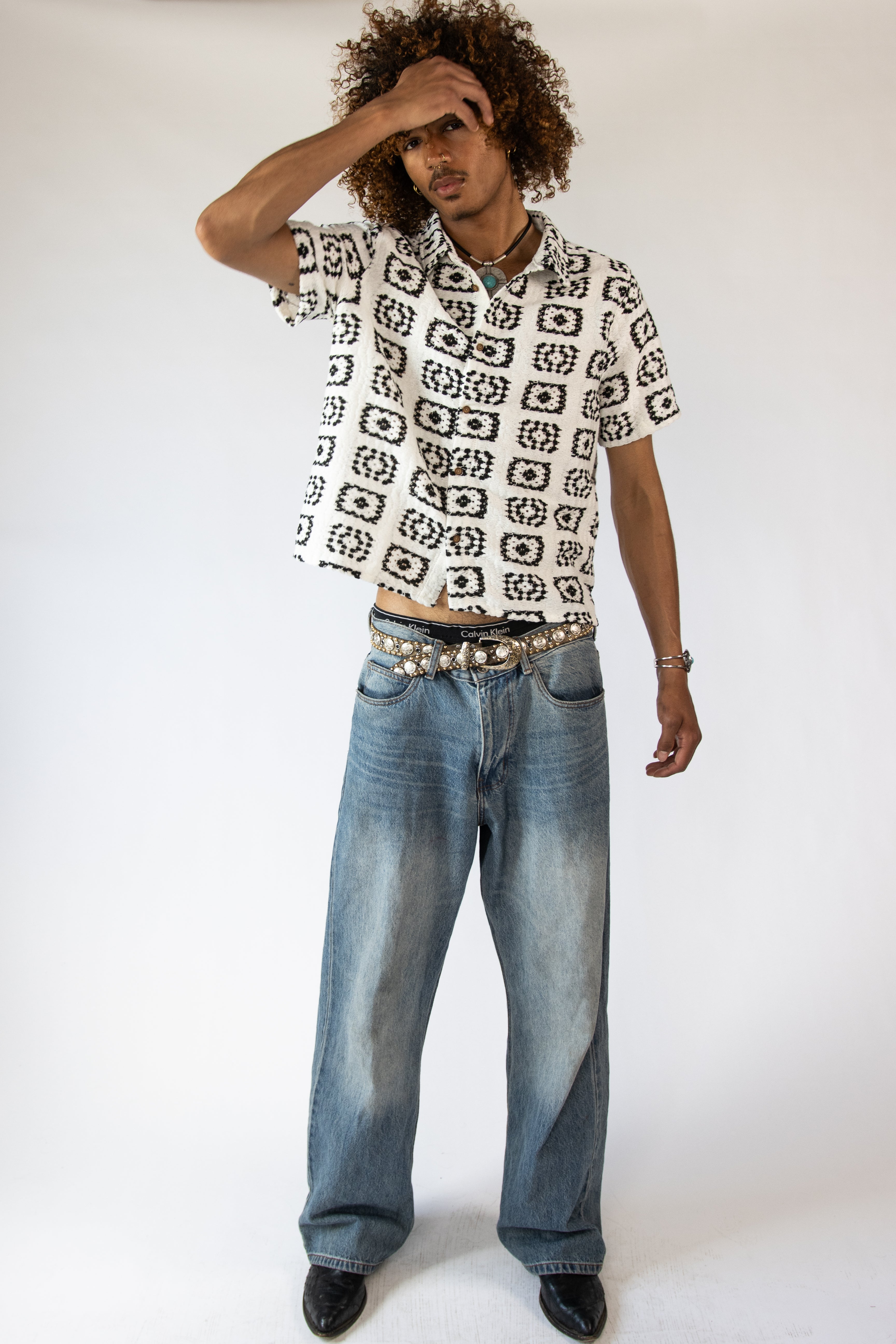 Woven Granny Square Print Button Up Shirt