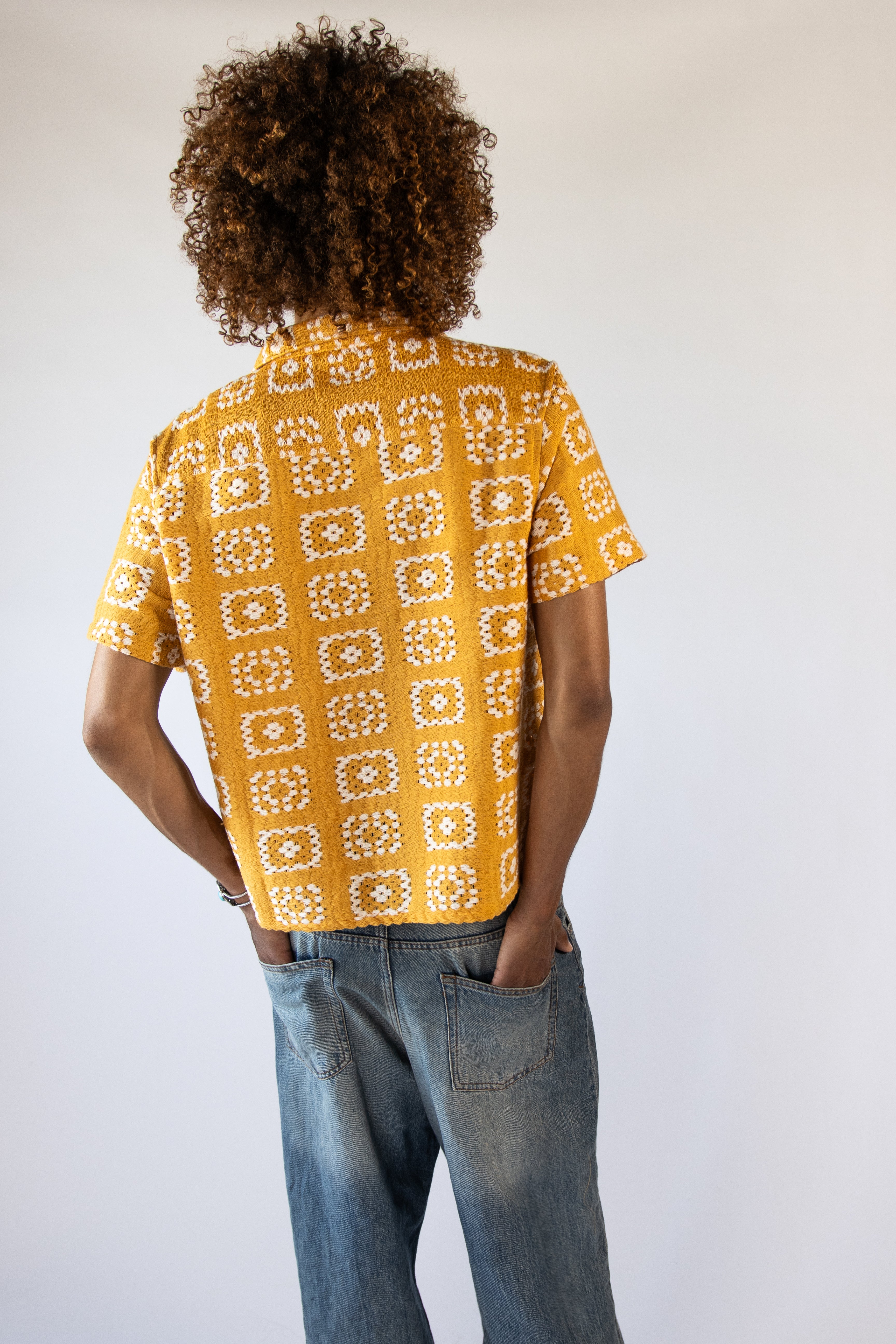 Woven Granny Square Print Button Up Shirt